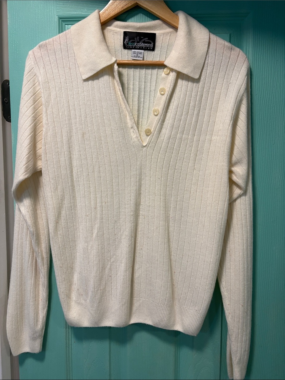 Vintage Cream Ribbed Polo Sweater